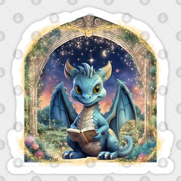 Baby Dragon with Book Sticker by KEWDesign